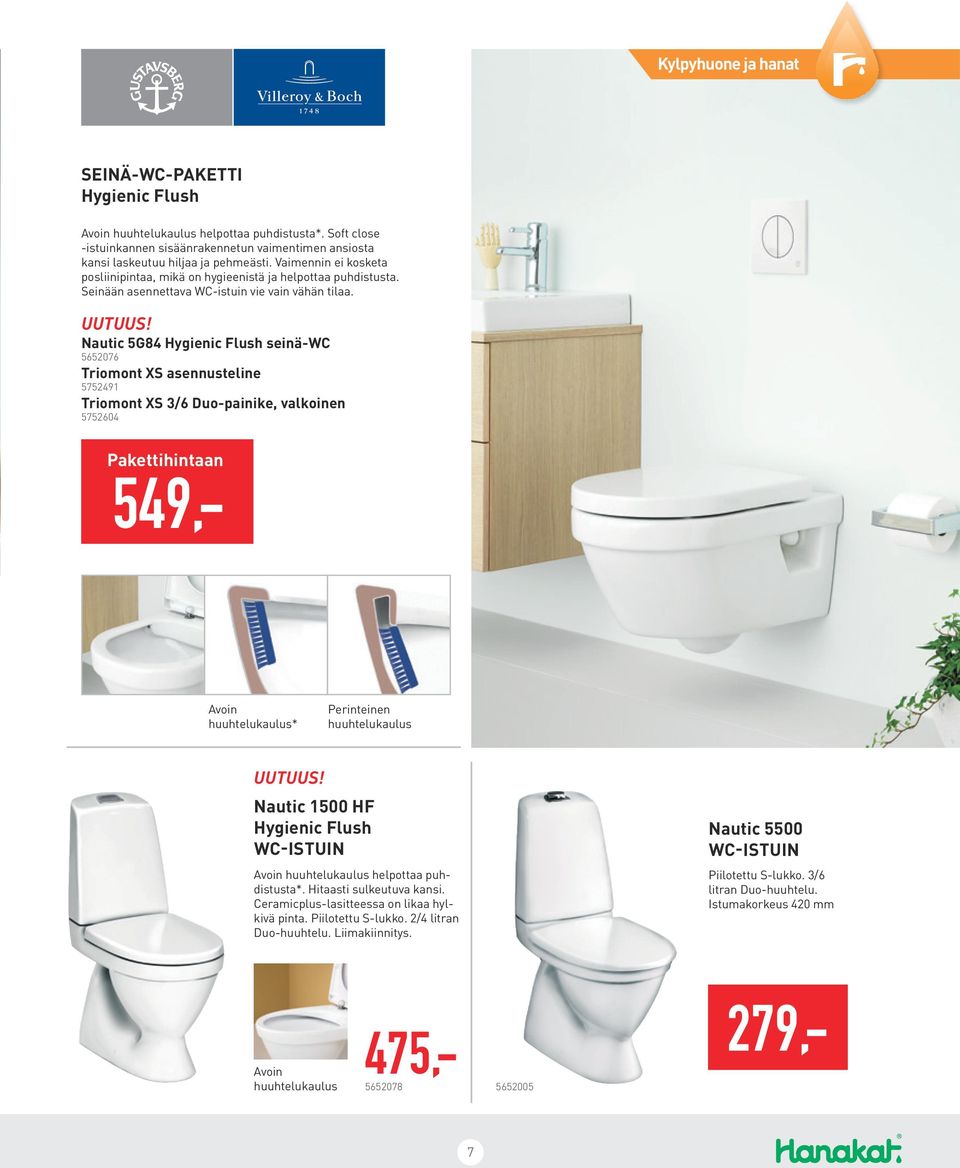 Nautic 5G84 Hygienic Flush seinä-wc 5652076 Triomont XS asennusteline 5752491 Triomont XS 3/6 Duo-painike, valkoinen 5752604 Pakettihintaan 549,- Avoin huuhtelukaulus* Perinteinen huuhtelukaulus