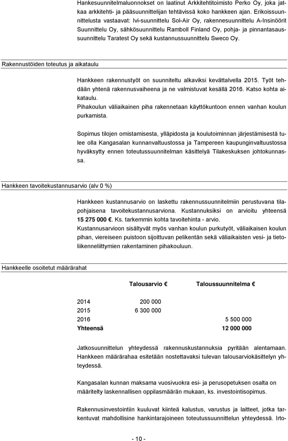 kustannussuunnittelu Sweco Oy. Rakennustöiden toteutus ja aikataulu Hankkeen rakennustyöt on suunniteltu alkaviksi kevättalvella 2015.