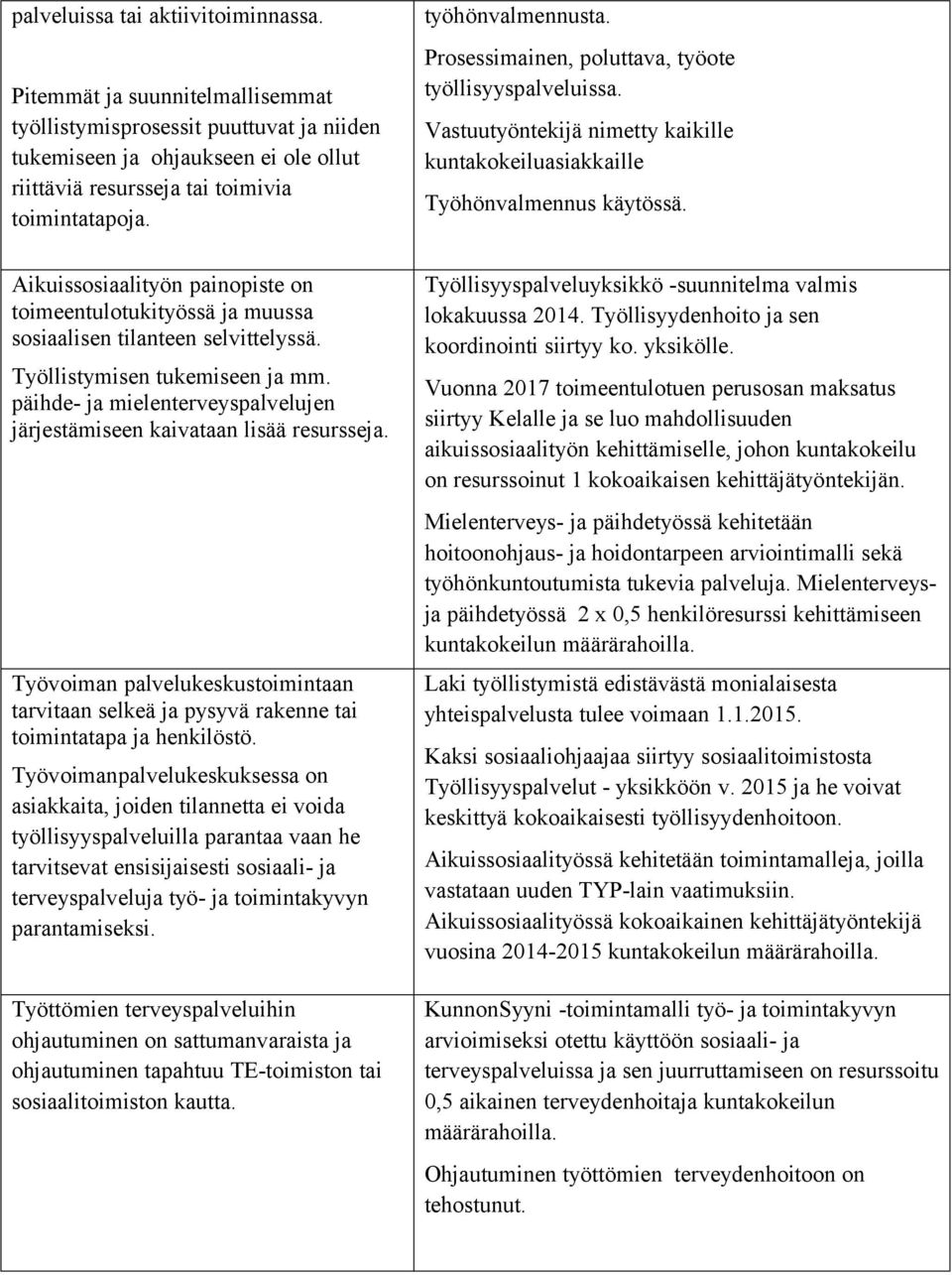 päihde- ja mielenterveyspalvelujen järjestämiseen kaivataan lisää resursseja. työhönvalmennusta. Prosessimainen, poluttava, työote työllisyyspalveluissa.