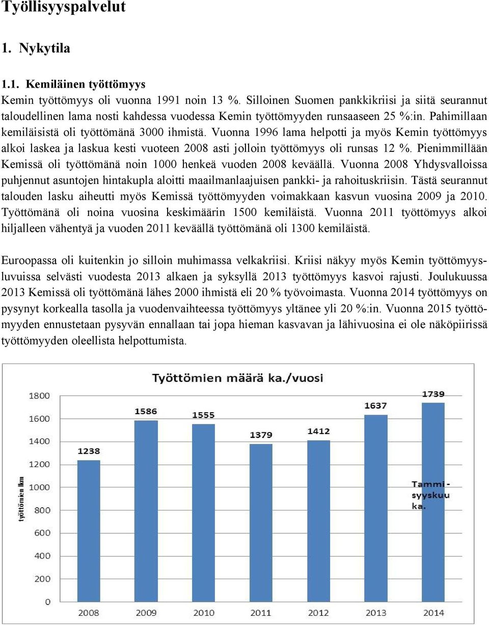 Vuonna 1996 lama helpotti ja myös Kemin työttömyys alkoi laskea ja laskua kesti vuoteen 2008 asti jolloin työttömyys oli runsas 12 %.
