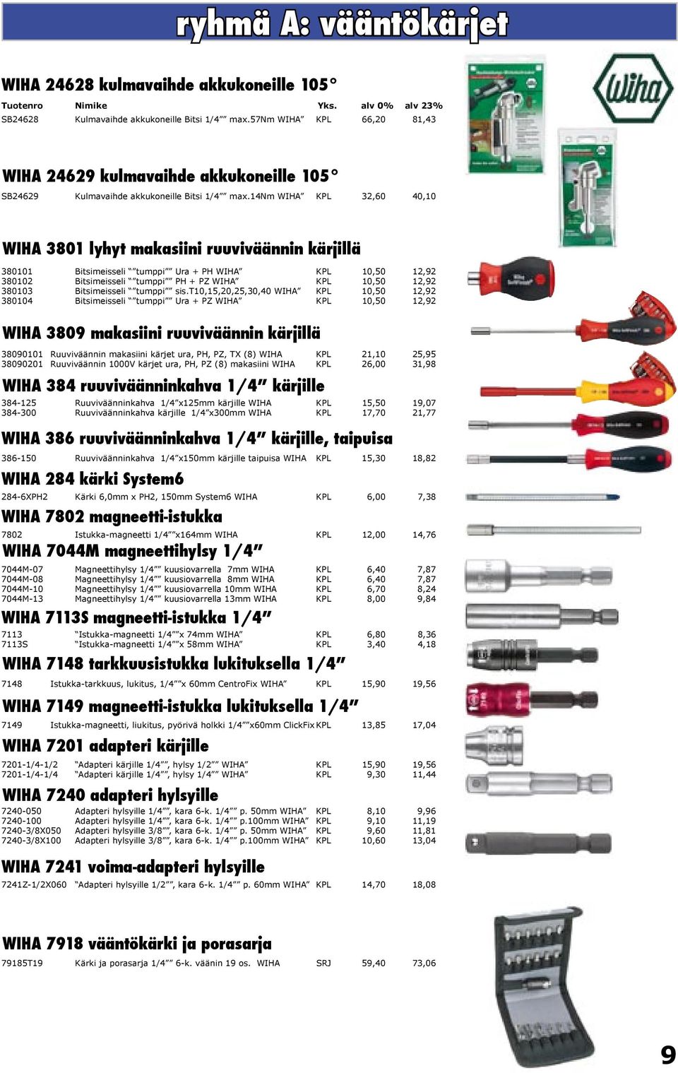 14nm WIHA KPL 32,60 40,10 WIHA 3801 lyhyt makasiini ruuviväännin kärjillä 380101 Bitsimeisseli tumppi Ura + PH WIHA KPL 10,50 12,92 380102 Bitsimeisseli tumppi PH + PZ WIHA KPL 10,50 12,92 380103