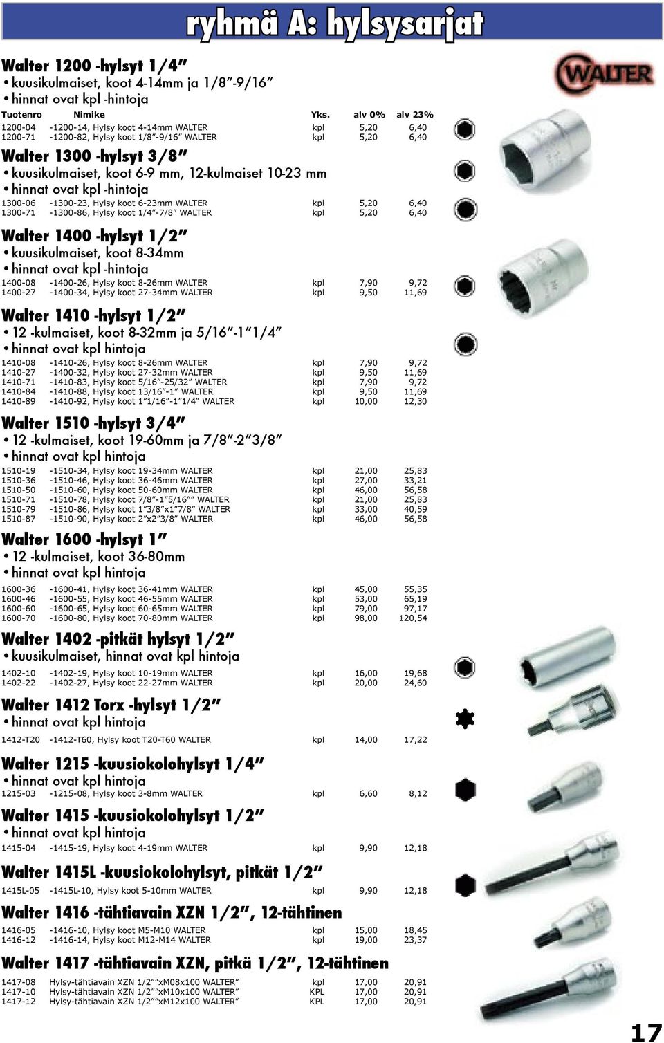 -1300-86, Hylsy koot 1/4-7/8 WALTER kpl 5,20 6,40 Walter 1400 -hylsyt 1/2 kuusikulmaiset, koot 8-34mm hinnat ovat kpl -hintoja 1400-08 -1400-26, Hylsy koot 8-26mm WALTER kpl 7,90 9,72 1400-27