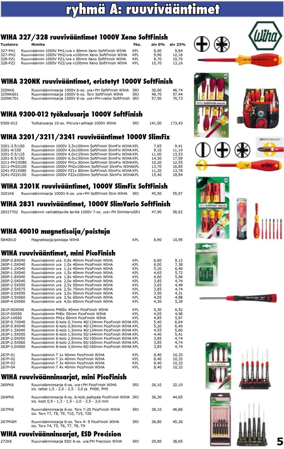 ruuvivääntimet, eristetyt 1000V SoftFinish 320NK6 Ruuviväänninsarja 1000V 6-os. ura+ph SoftFinish WIHA SRJ 38,00 46,74 325NK601 Ruuviväänninsarja 1000V 6-os.