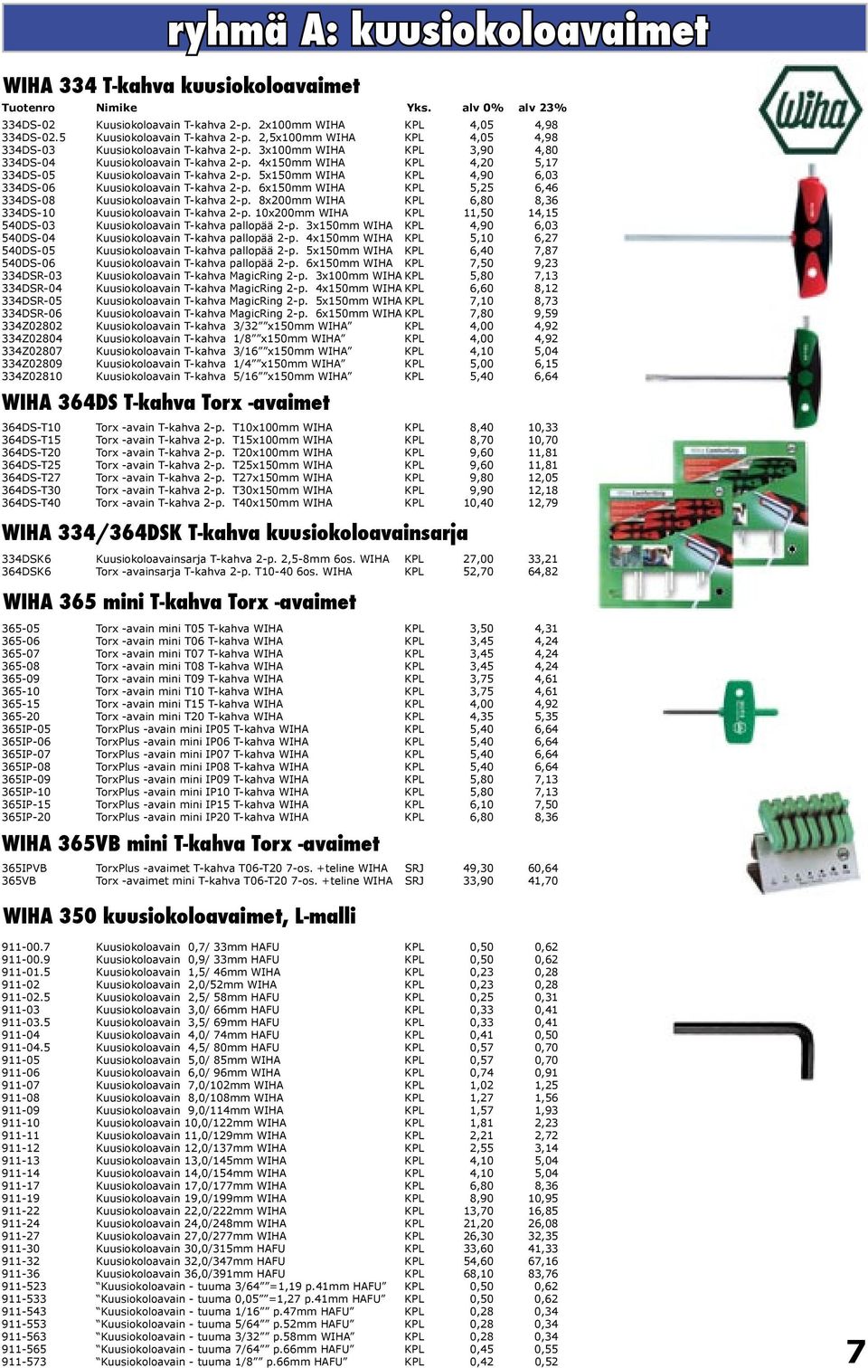 5x150mm WIHA KPL 4,90 6,03 334DS-06 Kuusiokoloavain T-kahva 2-p. 6x150mm WIHA KPL 5,25 6,46 334DS-08 Kuusiokoloavain T-kahva 2-p. 8x200mm WIHA KPL 6,80 8,36 334DS-10 Kuusiokoloavain T-kahva 2-p.