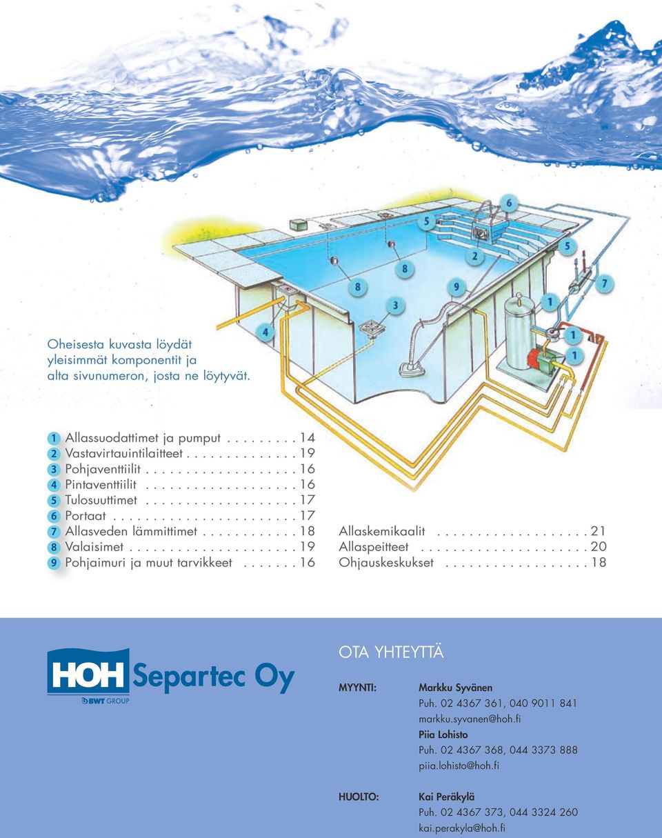 ...19 Pohjaimuri ja muut tarvikkeet...16 Allaskemikaalit...21 Allaspeitteet...20 Ohjauskeskukset...18 OTA YHTEYTTÄ Myynti: Markku Syvänen Puh.