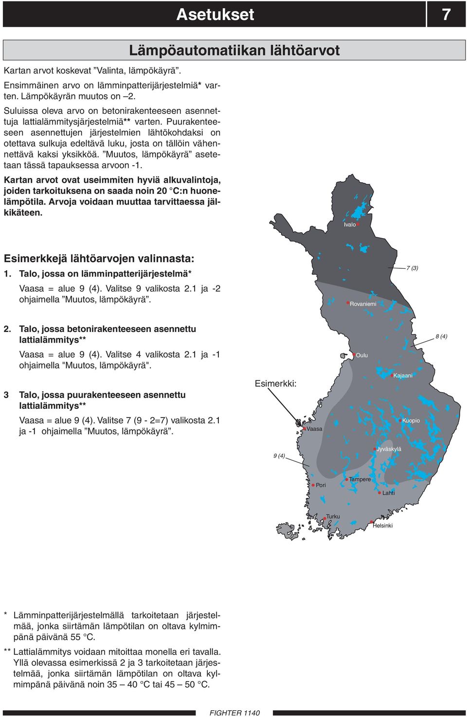 Puurakenteeseen asennettujen järjestelmien lähtökohdaksi on otettava sulkuja edeltävä luku, josta on tällöin vähennettävä kaksi yksikköä. Muutos, lämpökäyrä asetetaan tässä tapauksessa arvoon -1.