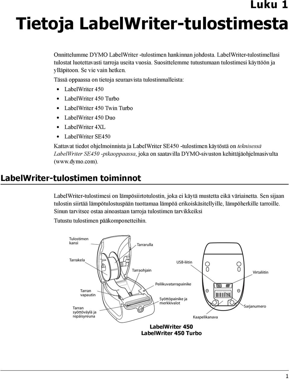 Tässä oppaassa on tietoja seuraavista tulostinmalleista: LabelWriter 450 LabelWriter 450 Turbo LabelWriter 450 Twin Turbo LabelWriter 450 Duo LabelWriter 4XL LabelWriter SE450 Kattavat tiedot