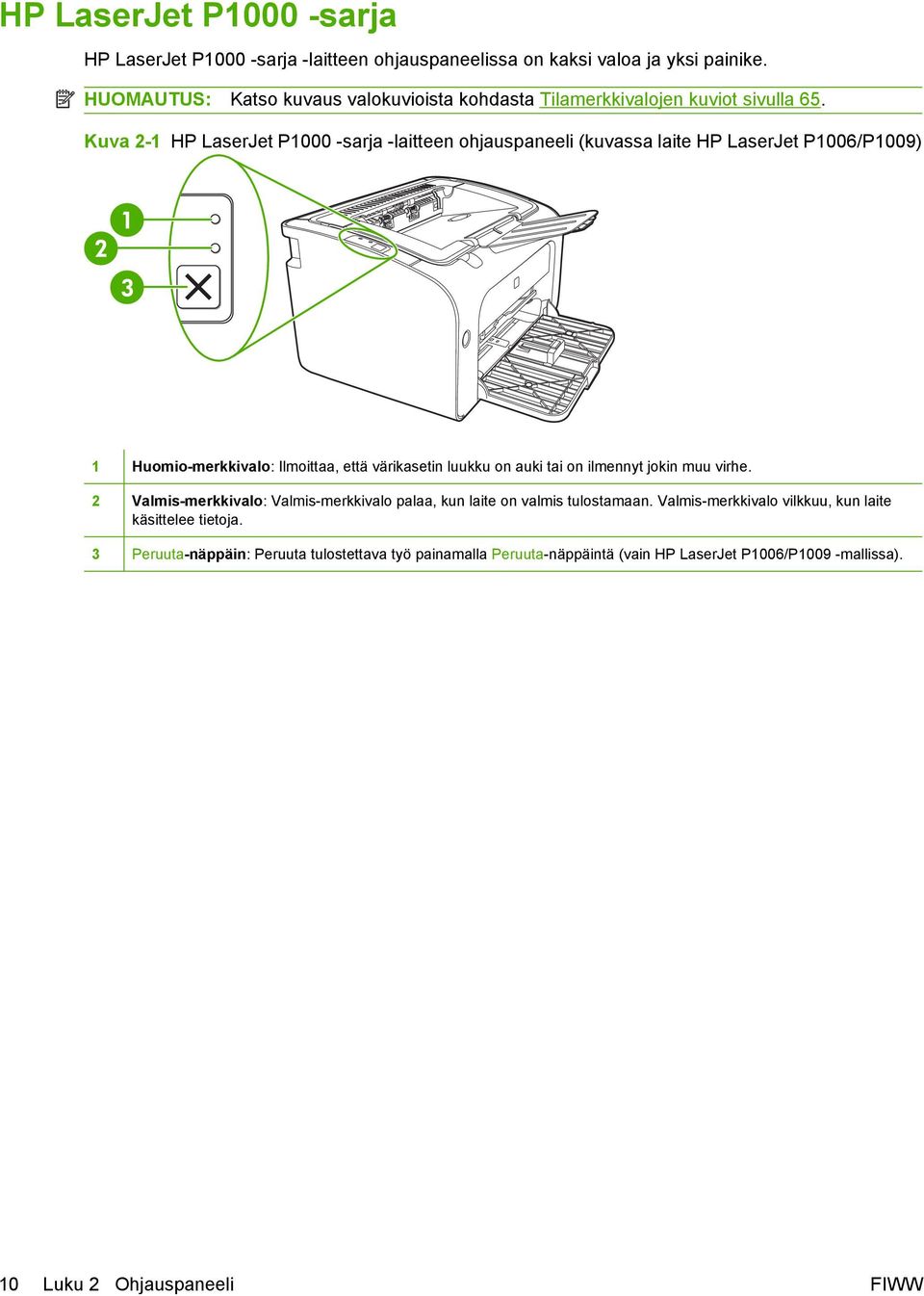 Kuva 2-1 HP LaserJet P1000 -sarja -laitteen ohjauspaneeli (kuvassa laite HP LaserJet P1006/P1009) 1 Huomio-merkkivalo: Ilmoittaa, että värikasetin luukku on auki tai