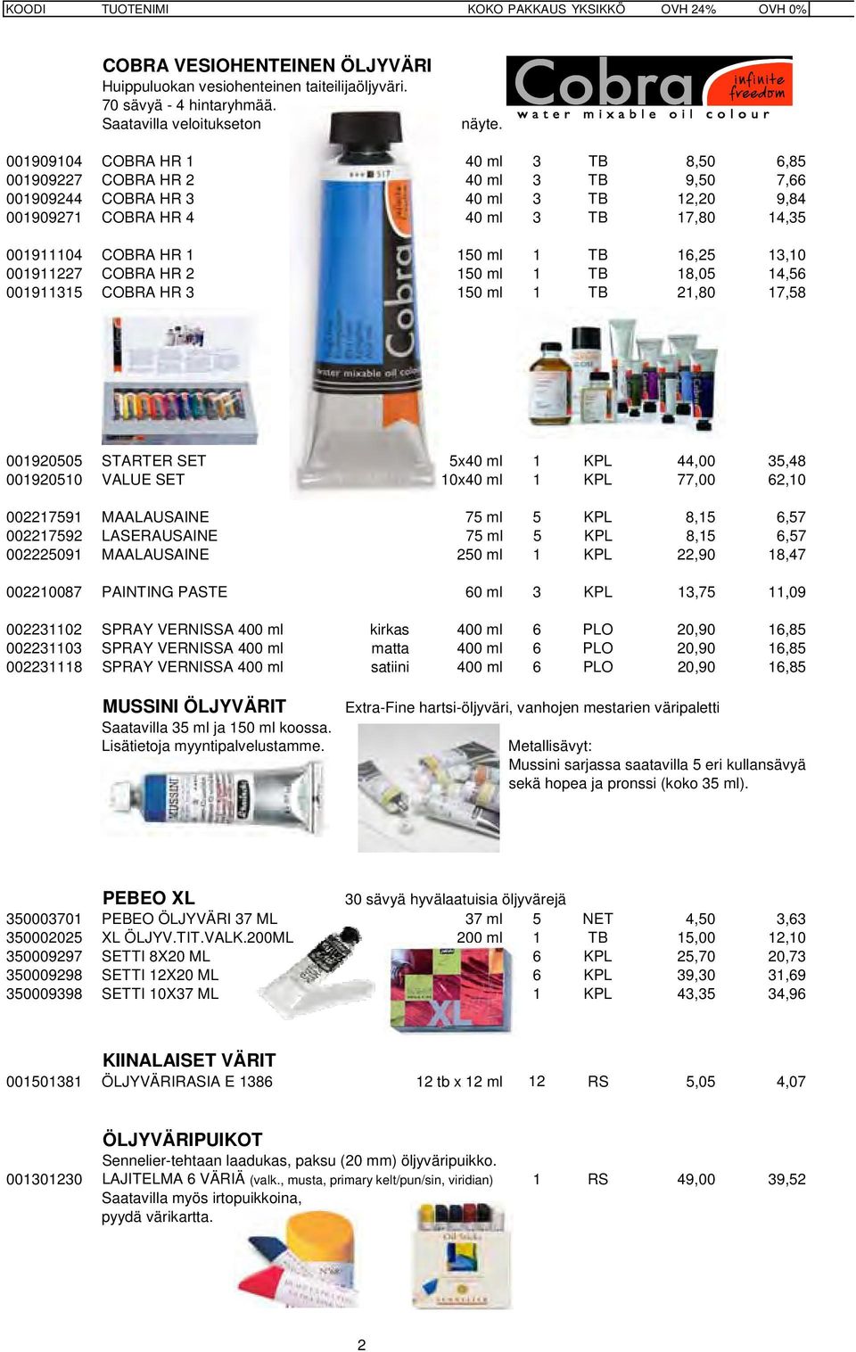 1 TB 16,25 13,10 001911227 COBRA HR 2 150 ml 1 TB 18,05 14,56 001911315 COBRA HR 3 150 ml 1 TB 21,80 17,58 001920505 STARTER SET 5x40 ml 1 KPL 44,00 35,48 001920510 VALUE SET 10x40 ml 1 KPL 77,00