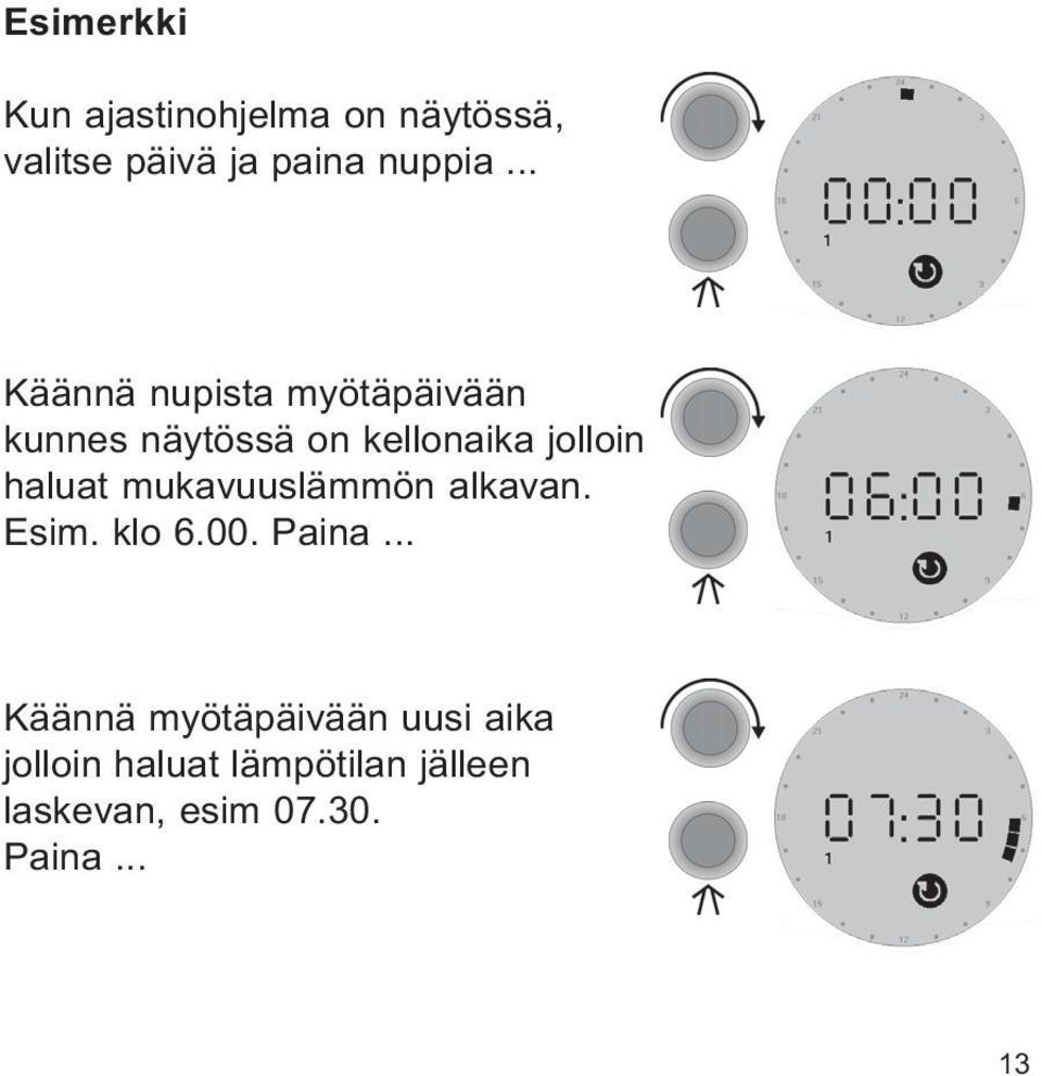 haluat mukavuuslämmön alkavan. Esim. klo 6.00. Paina.