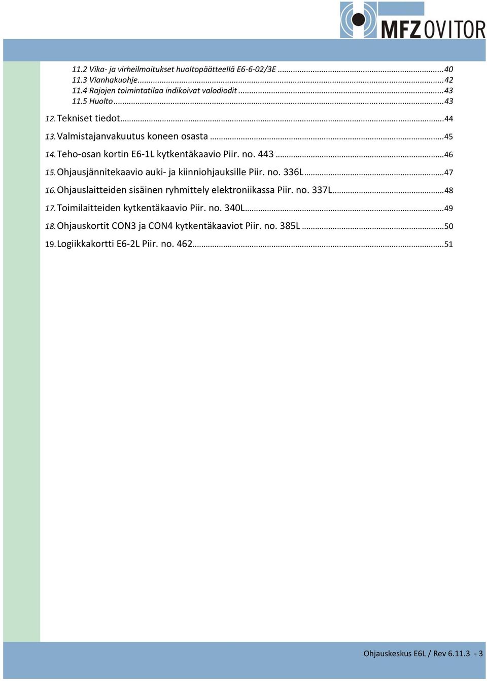 Ohjausjännitekaavio auki ja kiinniohjauksille Piir. no. 336L...47 16. Ohjauslaitteiden sisäinen ryhmittely elektroniikassa Piir. no. 337L...48 17.