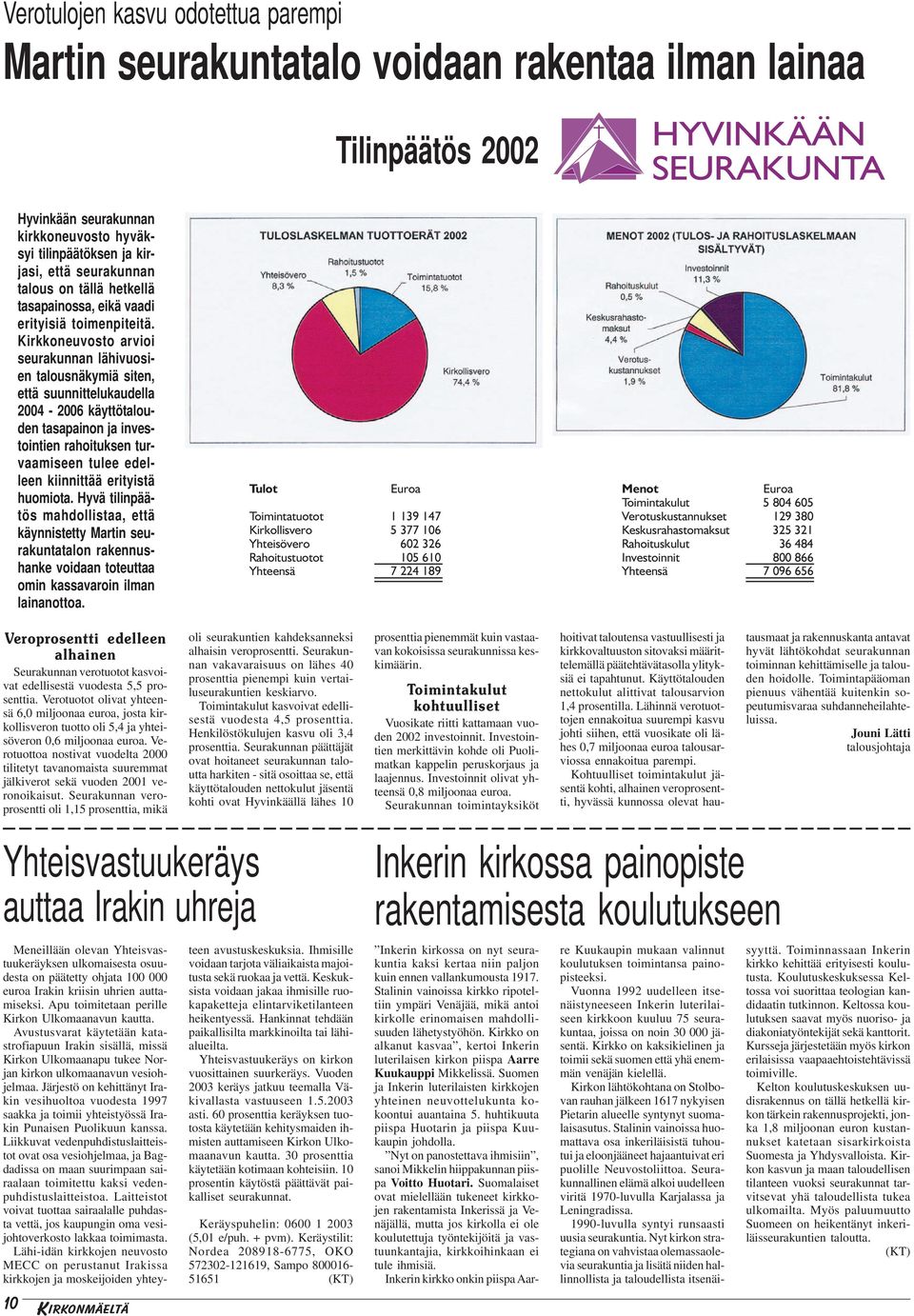 Kirkkoneuvosto arvioi seurakunnan lähivuosien talousnäkymiä siten, että suunnittelukaudella 2004-2006 käyttötalouden tasapainon ja investointien rahoituksen turvaamiseen tulee edelleen kiinnittää