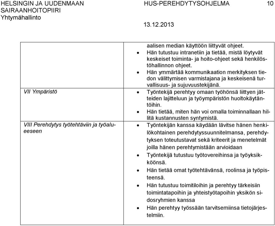 VII Ympäristö Työntekijä perehtyy omaan työhönsä liittyen jätteiden lajitteluun ja työympäristön huoltokäytäntöihin.