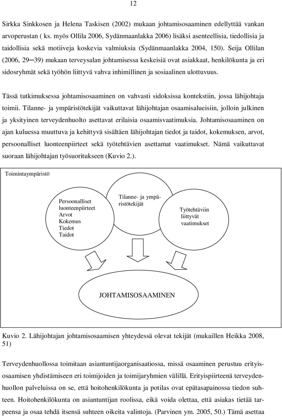 Seija Ollilan (2006, 29 39) mukaan terveysalan johtamisessa keskeisiä ovat asiakkaat, henkilökunta ja eri sidosryhmät sekä työhön liittyvä vahva inhimillinen ja sosiaalinen ulottuvuus.