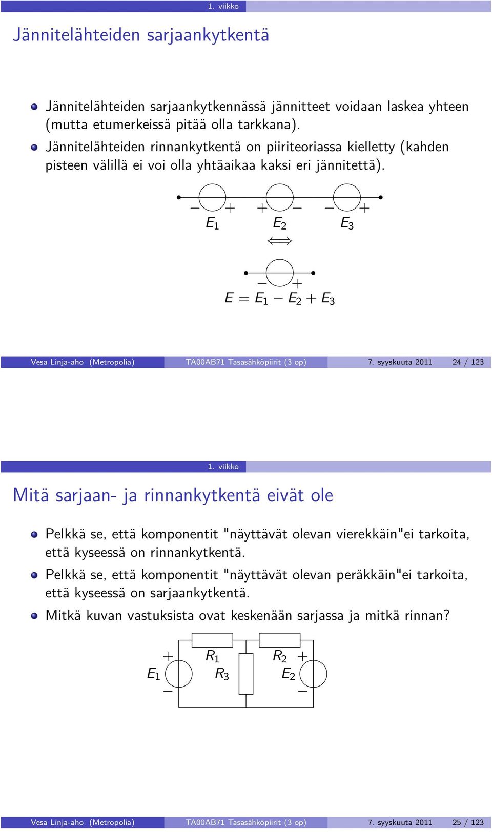 + + + E 1 E 2 + E = E 1 E 2 + E 3 E 3 Vesa Linja-aho (Metropolia) TA00AB71 Tasasähköpiirit (3 op) 7. syyskuuta 2011 24 / 123 1.