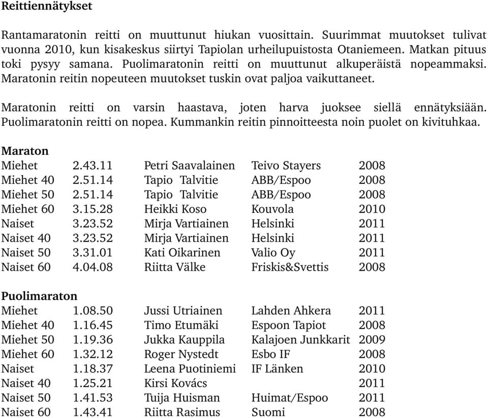 Maratonin reitti on varsin haastava, joten harva juoksee siellä ennätyksiään. Puolimaratonin reitti on nopea. Kummankin reitin pinnoitteesta noin puolet on kivituhkaa.