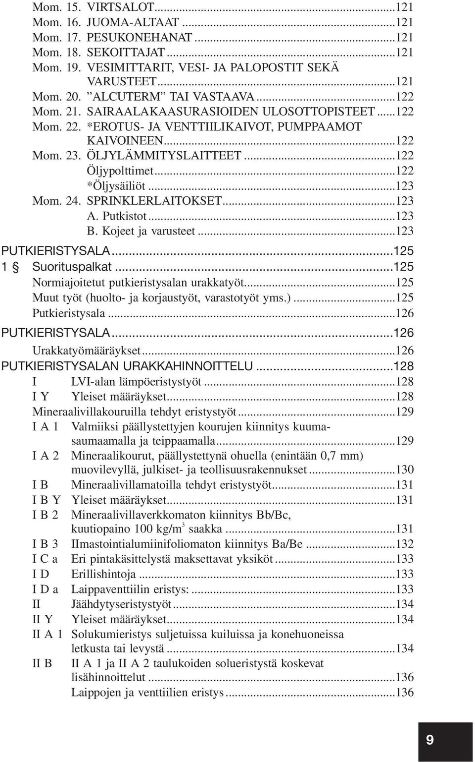 ..122 *Öljysäiliöt...123 Mom. 24. SPRINKLERLAITOKSET...123 A. Putkistot...123 B. Kojeet ja varusteet...123 PUTKIERISTYSALA...125 1 Suorituspalkat...125 Normiajoitetut putkieristysalan urakkatyöt.