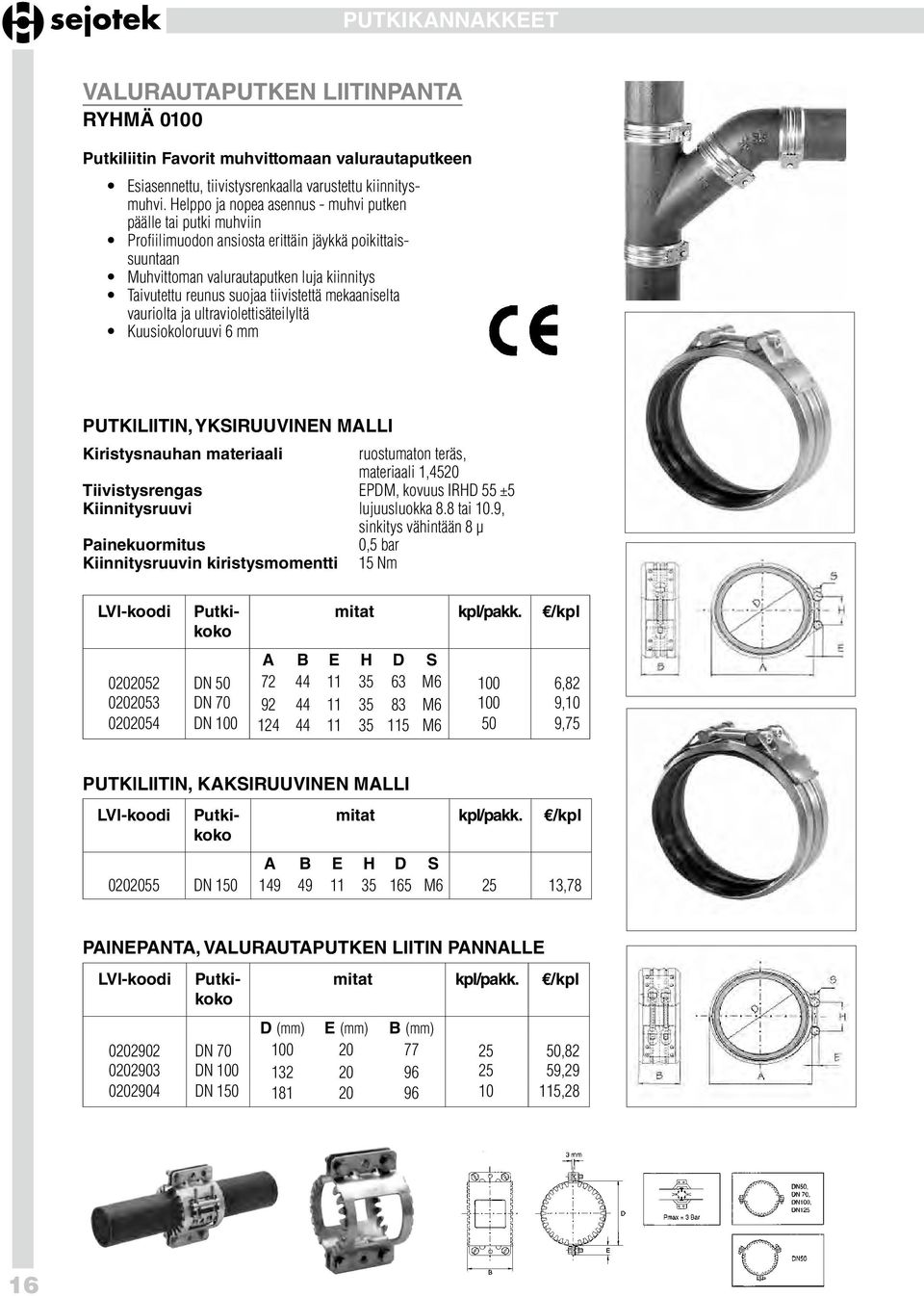 tiivistettä mekaaniselta vauriolta ja ultraviolettisäteilyltä Kuusiokoloruuvi 6 mm PUTKlLIITIN, YKSIRUUVINEN MALLI Kiristysnauhan materiaali ruostumaton teräs, materiaali 1,4520 Tiivistysrengas EPDM,