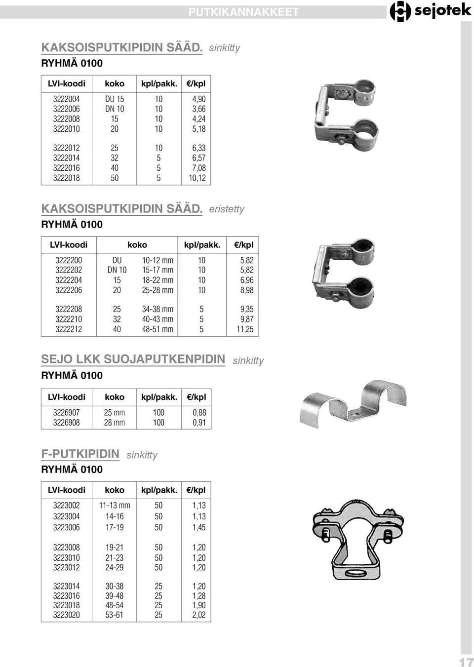 eristetty 3222200 DU 10-12 mm 10 5,82 3222202 DN 10 15-17 mm 10 5,82 3222204 15 18-22 mm 10 6,96 3222206 20 25-28 mm 10 8,98 3222208 25 34-38 mm 5 9,35 3222210 32 40-43 mm 5 9,87