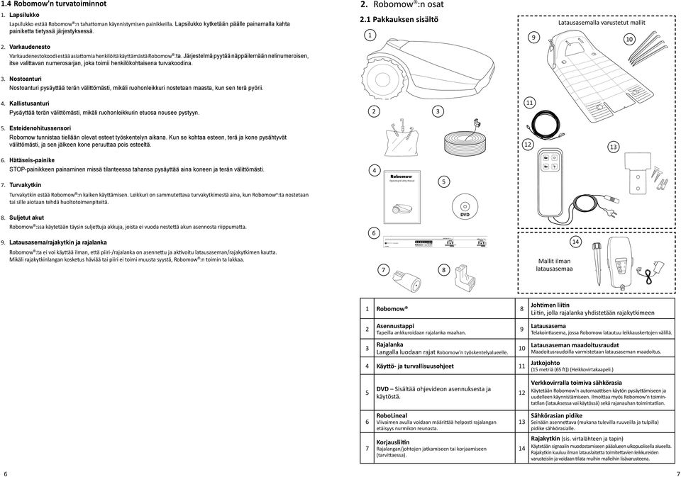 1 Pakkauksen sisältö 1 9 Latausasemalla varustetut mallit 10 Varkaudenestokoodi estää asiattomia henkilöitä käyttämästä Robomow :ta.