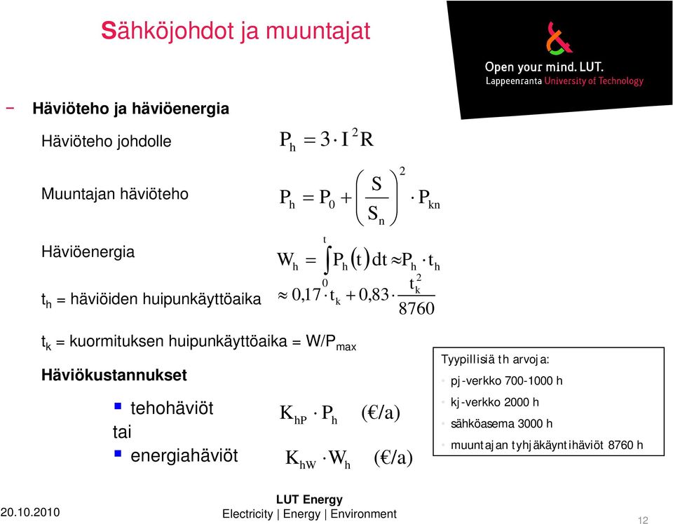 kuormituksen huipunkäyttöaika = W/P max Häviökustannukset tehohäviöt tai energiahäviöt Kh P P h Kh W W h (