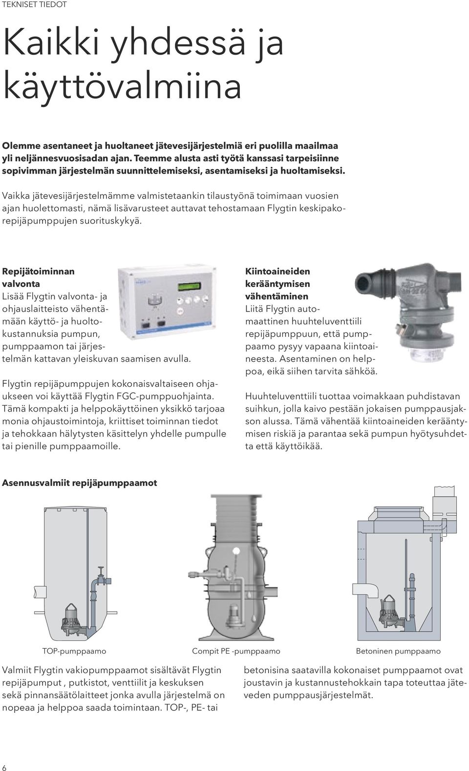Vaikka jätevesijärjestelmämme valmistetaankin tilaustyönä toimimaan vuosien ajan huolettomasti, nämä lisävarusteet auttavat tehostamaan Flygtin keskipakorepijäpumppujen suorituskykyä.