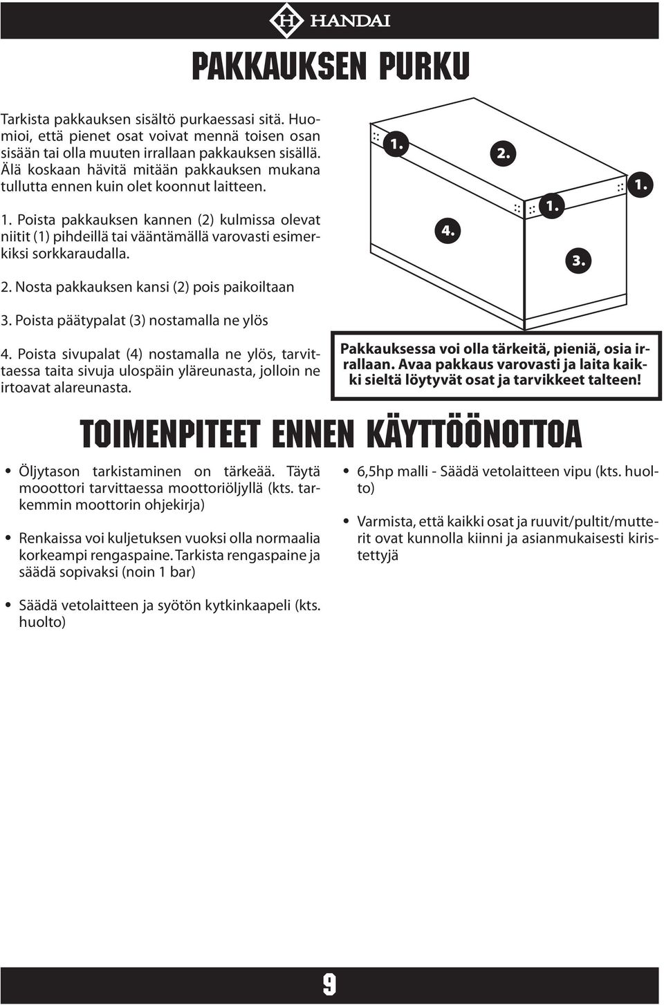 Poista pakkauksen kannen (2) kulmissa olevat niitit (1) pihdeillä tai vääntämällä varovasti esimerkiksi sorkkaraudalla. 1. 4. 2. 1. 3. 1. 2. Nosta pakkauksen kansi (2) pois paikoiltaan 3.