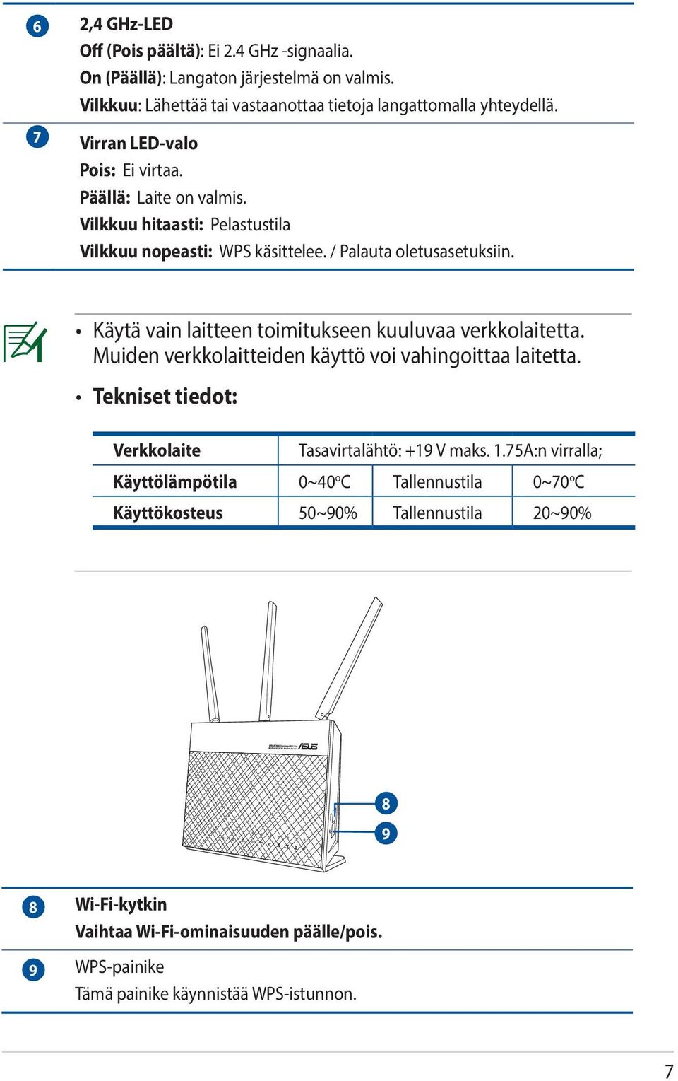 Käytä vain laitteen toimitukseen kuuluvaa verkkolaitetta. Muiden verkkolaitteiden käyttö voi vahingoittaa laitetta. Tekniset tiedot: Verkkolaite Tasavirtalähtö: +19 V maks. 1.