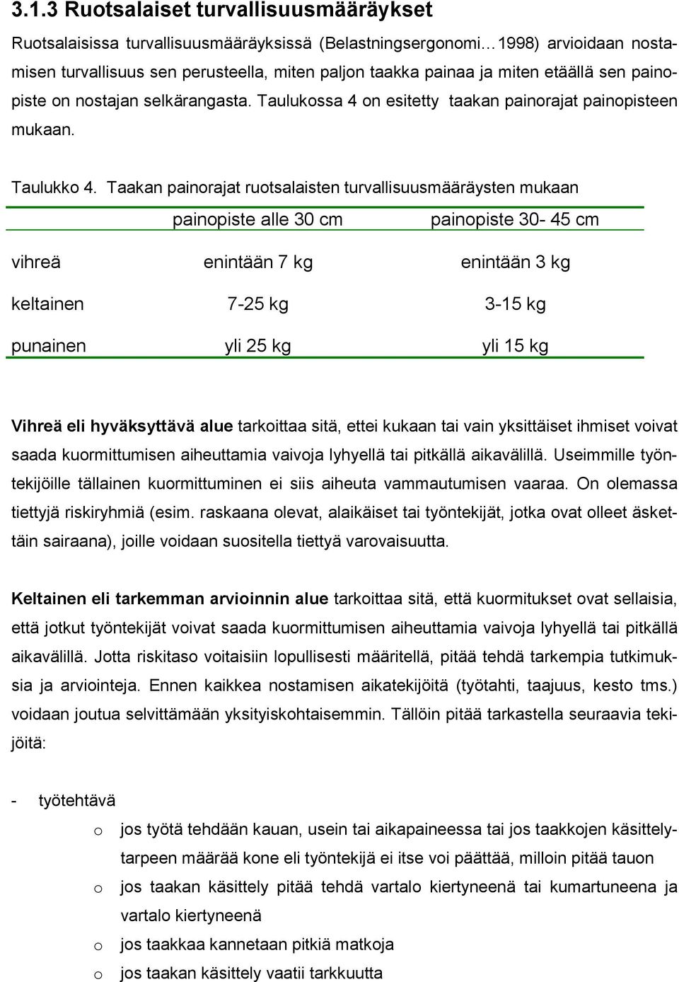 Taakan painorajat ruotsalaisten turvallisuusmääräysten mukaan painopiste alle 30 cm painopiste 30-45 cm vihreä keltainen enintään 7 kg 7-25 kg enintään 3 kg 3-15 kg punainen yli 25 kg yli 15 kg