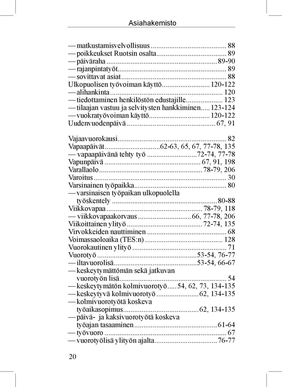 ..62-63, 65, 67, 77-78, 135 vapaapäivänä tehty työ...72-74, 77-78 Vapunpäivä... 67, 91, 198 Varallaolo...78-79, 206 Varoitus... 30 Varsinainen työpaikka.