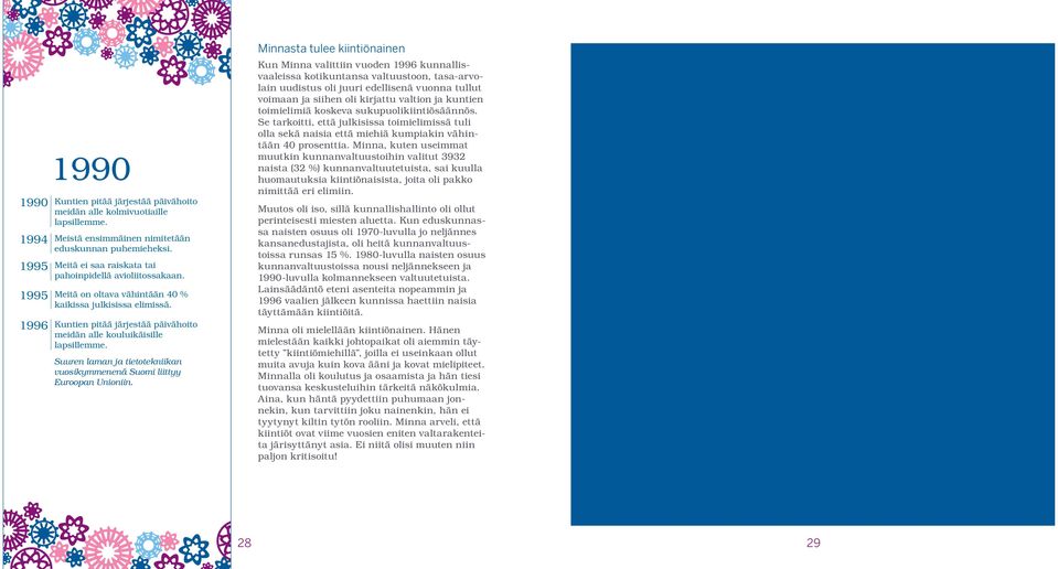 Kuntien pitää järjestää päivähoito meidän alle kouluikäisille lapsillemme. Suuren laman ja tietotekniikan vuosikymmenenä Suomi liittyy Euroopan Unioniin.