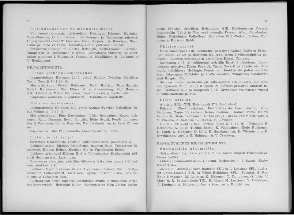 Erotuomarikursseja on pidetty Helsingin, Keski-Suomen, Saimaan, Tampereen ja Uudenmaan piireissä. Osanottajia yhteensä 85. Opettajina toimineet 1. Muona, O. Vasama, A. Kekäläinen, R. Valkama ja V.