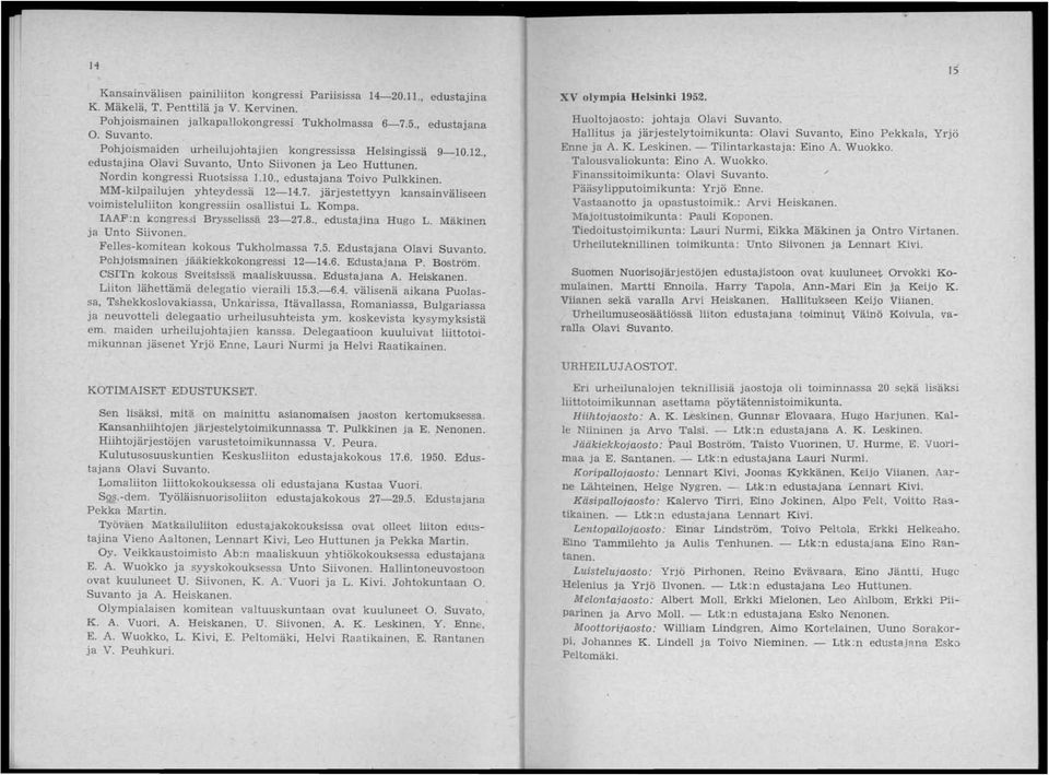 MM-kilpailujen yhteydessä 12-14.7. järjestettyyn kansainväliseen voimisteluliiton kongressiin osallistui L. Kompa. IAAF:n k o ngr es ~ i Brysselissä 23-27.8., edustajina Hugo L.