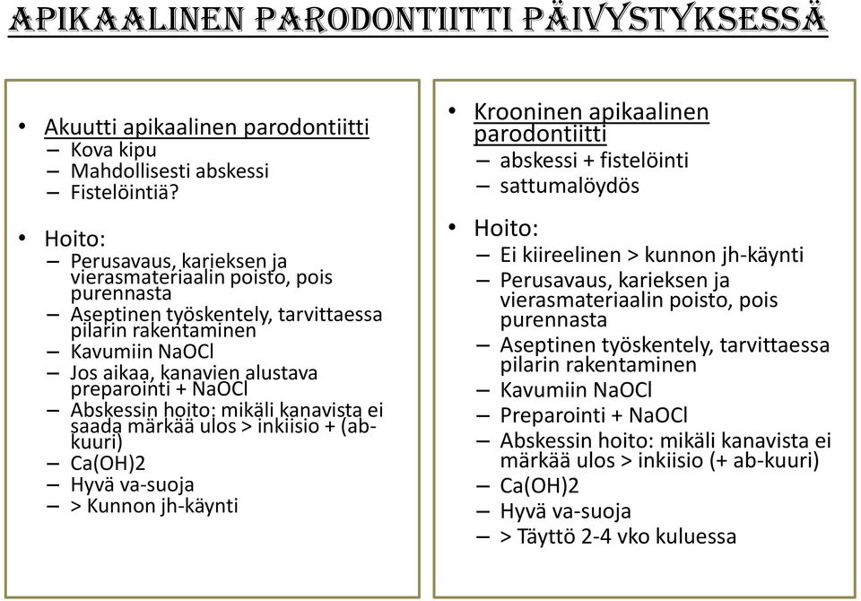 Abskessin hoito: mikäli kanavista ei saada märkää ulos > inkiisio + (abkuuri) Ca(OH)2 Hyvä va-suoja > Kunnon jh-käynti Krooninen apikaalinen parodontiitti abskessi + fistelöinti sattumalöydös Hoito: