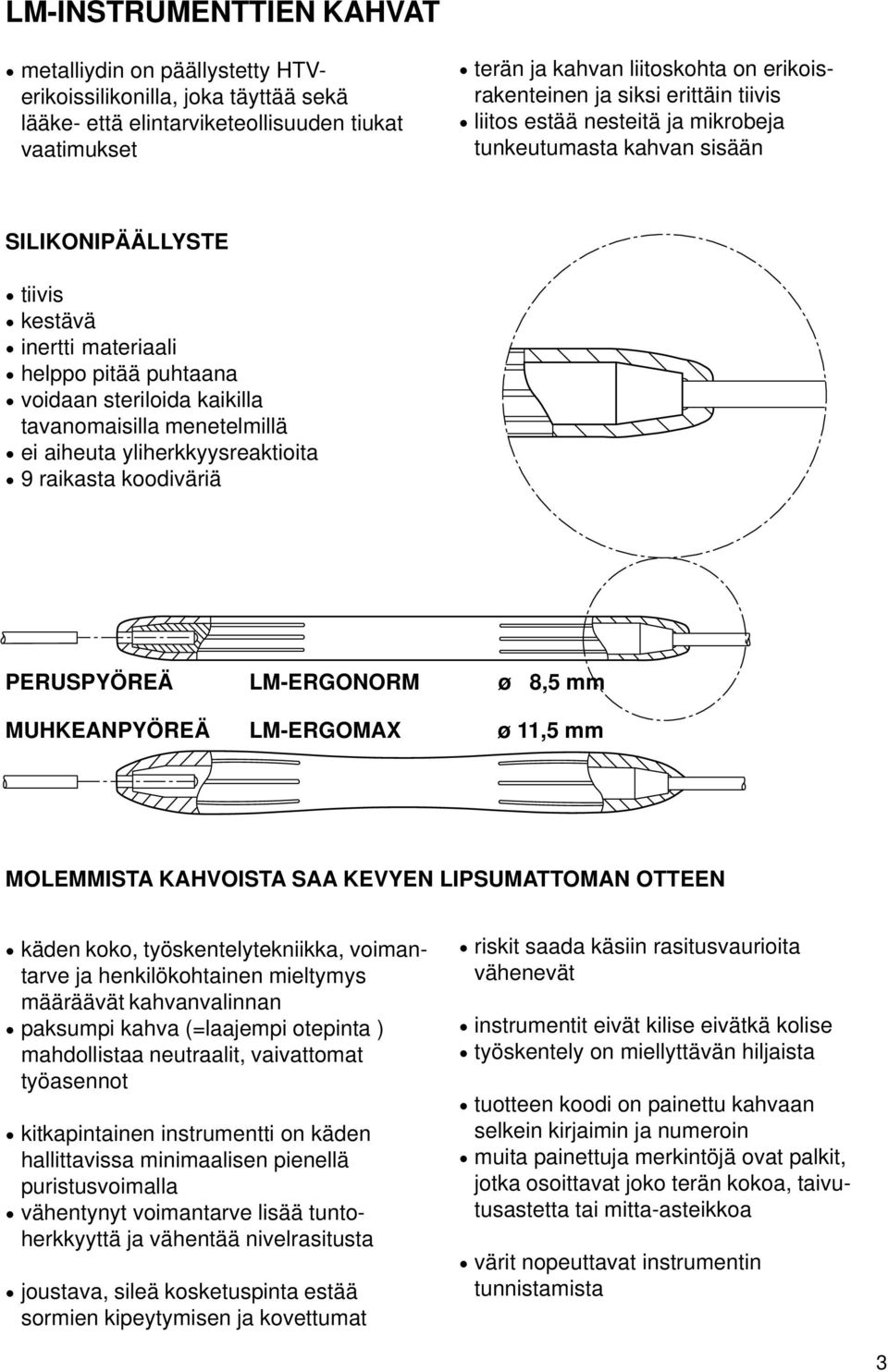 tavanomaisilla menetelmillä ei aiheuta yliherkkyysreaktioita 9 raikasta koodiväriä PERUSPYÖREÄ LM-ERGONORM ø 8,5 mm MUHKEANPYÖREÄ LM-ERGOMAX ø 11,5 mm MOLEMMISTA KAHVOISTA SAA KEVYEN LIPSUMATTOMAN