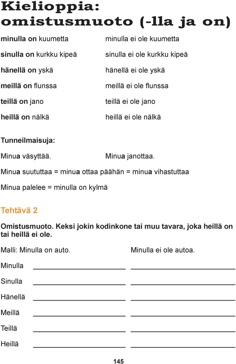 Minua väsyttää. Minua janottaa. Minua suututtaa = minua ottaa päähän = minua vihastuttaa Minua palelee = minulla on kylmä Tehtävä 2 Omistusmuoto.