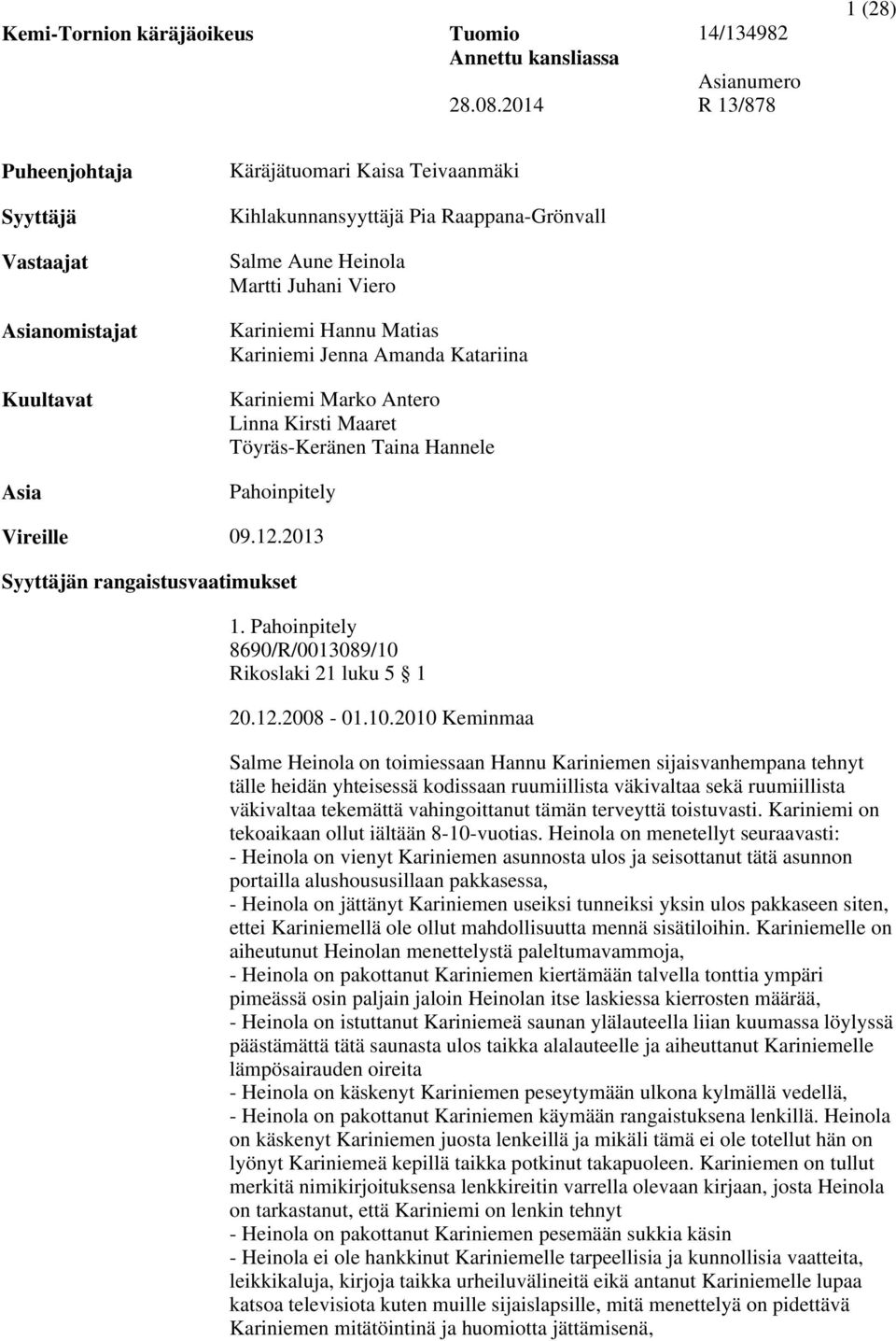 Heinola Martti Juhani Viero Kariniemi Hannu Matias Kariniemi Jenna Amanda Katariina Kariniemi Marko Antero Linna Kirsti Maaret Töyräs-Keränen Taina Hannele Pahoinpitely 09.12.