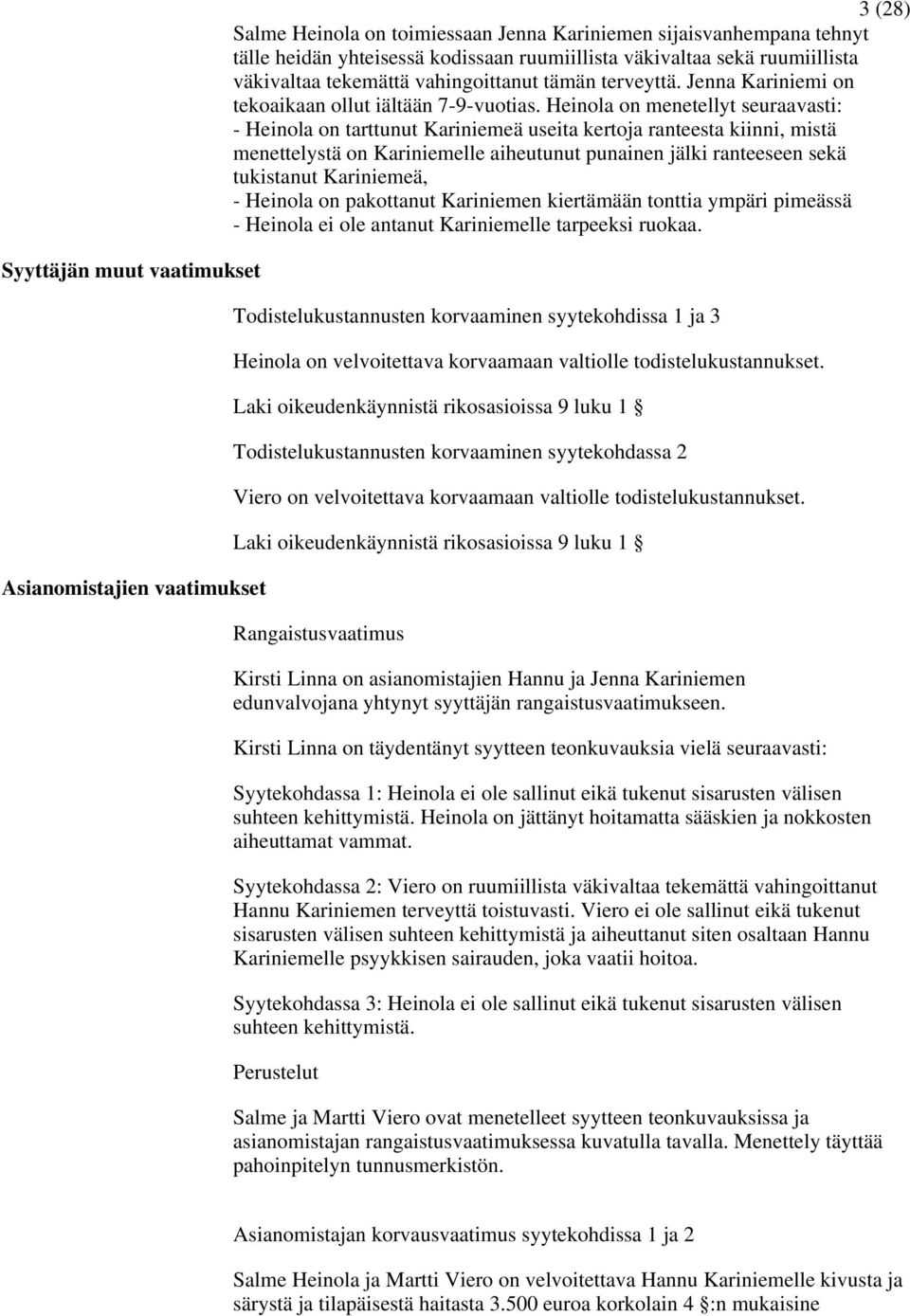 Heinola on menetellyt seuraavasti: - Heinola on tarttunut Kariniemeä useita kertoja ranteesta kiinni, mistä menettelystä on Kariniemelle aiheutunut punainen jälki ranteeseen sekä tukistanut