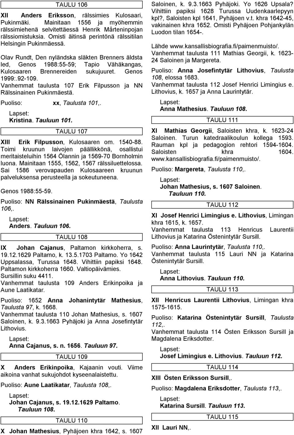 92-109. Vanhemmat taulusta 107 Erik Filpusson ja NN Rälssinainen Pukinmäestä. Puoliso: xx, Taulusta 101,. Kristina. Tauluun 101. TAULU 107 XIII Erik Filpusson, Kulosaaren om. 1540-88.