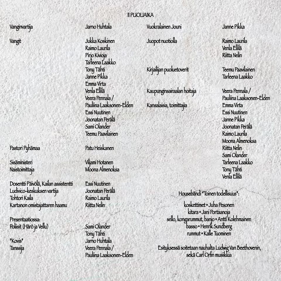 Joonatan Perälä Sami Olander Teemu Paavilainen Patu Heiskanen Viljami Hotanen Moona Almenoksa Essi Nuutinen Joonatan Perälä Raimo Laurila Riitta Nelin Presentaatiossa: Poliisit (Härö ja Vellu) Sami