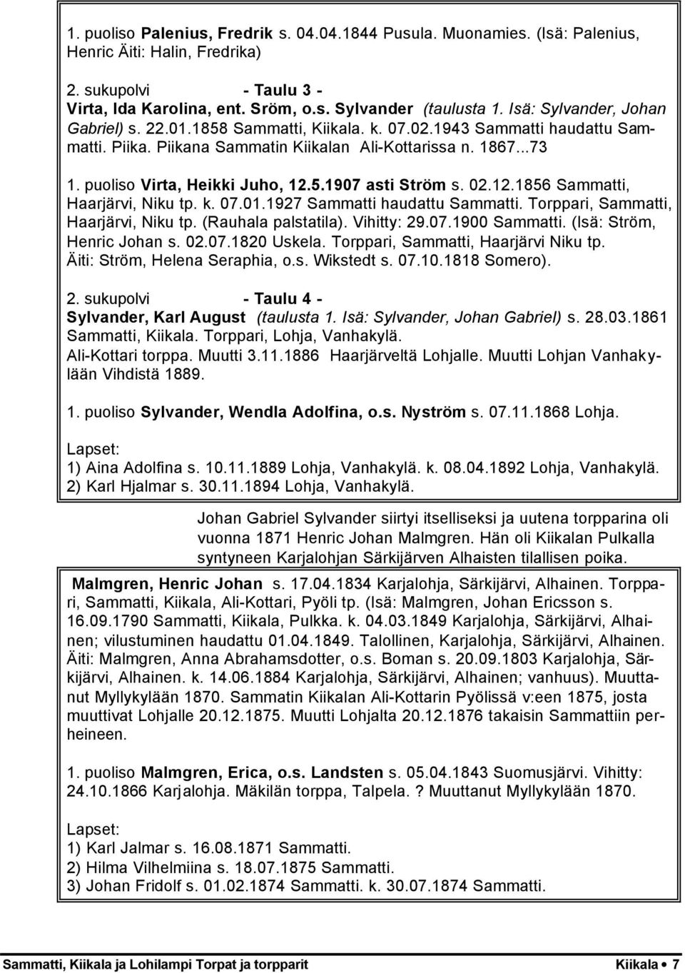 puoliso Virta, Heikki Juho, 12.5.1907 asti Ström s. 02.12.1856 Sammatti, Haarjärvi, Niku tp. k. 07.01.1927 Sammatti haudattu Sammatti. Torppari, Sammatti, Haarjärvi, Niku tp. (Rauhala palstatila).