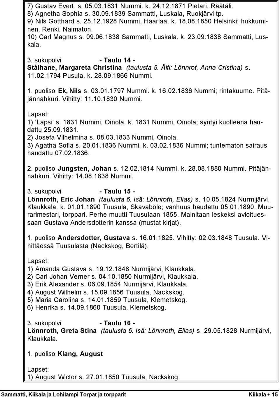 Äiti: Lönnrot, Anna Cristina) s. 11.02.1794 Pusula. k. 28.09.1866 Nummi. 1. puoliso Ek, Nils s. 03.01.1797 Nummi. k. 16.02.1836 Nummi; rintakuume. Pitäjännahkuri. Vihitty: 11.10.1830 Nummi.