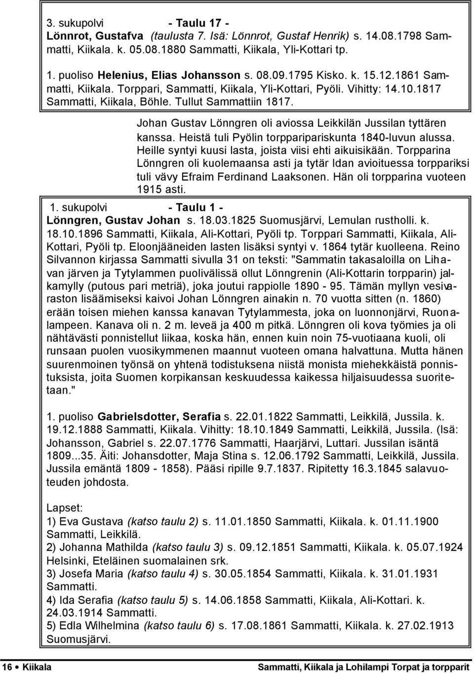 Johan Gustav Lönngren oli aviossa Leikkilän Jussilan tyttären kanssa. Heistä tuli Pyölin torpparipariskunta 1840-luvun alussa. Heille syntyi kuusi lasta, joista viisi ehti aikuisikään.