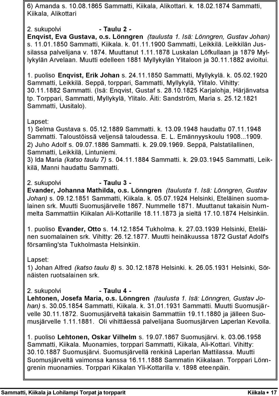 Muutti edelleen 1881 Myllykylän Ylitaloon ja 30.11.1882 avioitui. 1. puoliso Enqvist, Erik Johan s. 24.11.1850 Sammatti, Myllykylä. k. 05.02.1920 Sammatti, Leikkilä.