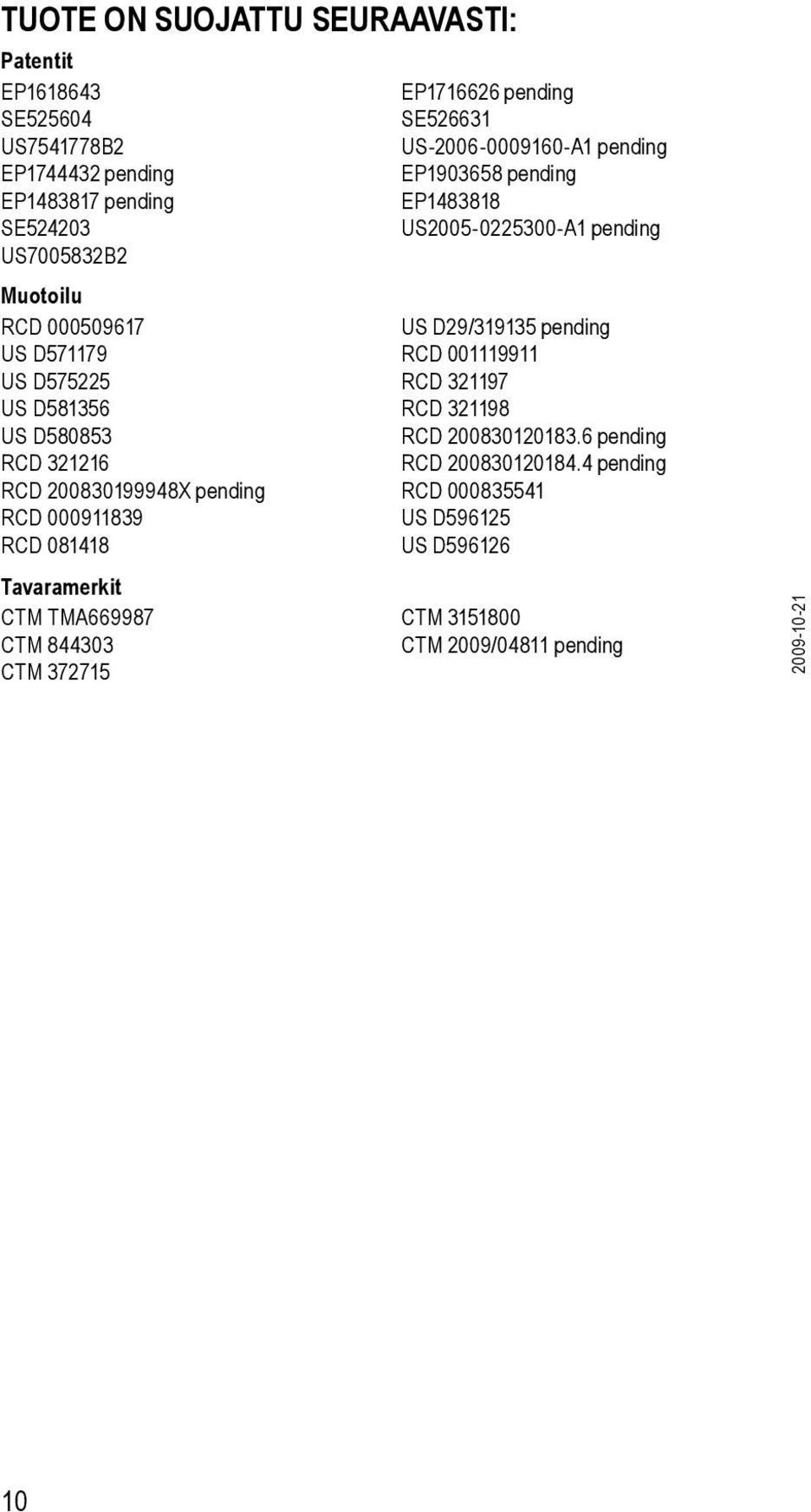 372715 EP1716626 pending SE526631 US-2006-0009160-A1 pending EP1903658 pending EP1483818 US2005-0225300-A1 pending US D29/319135 pending RCD 001119911