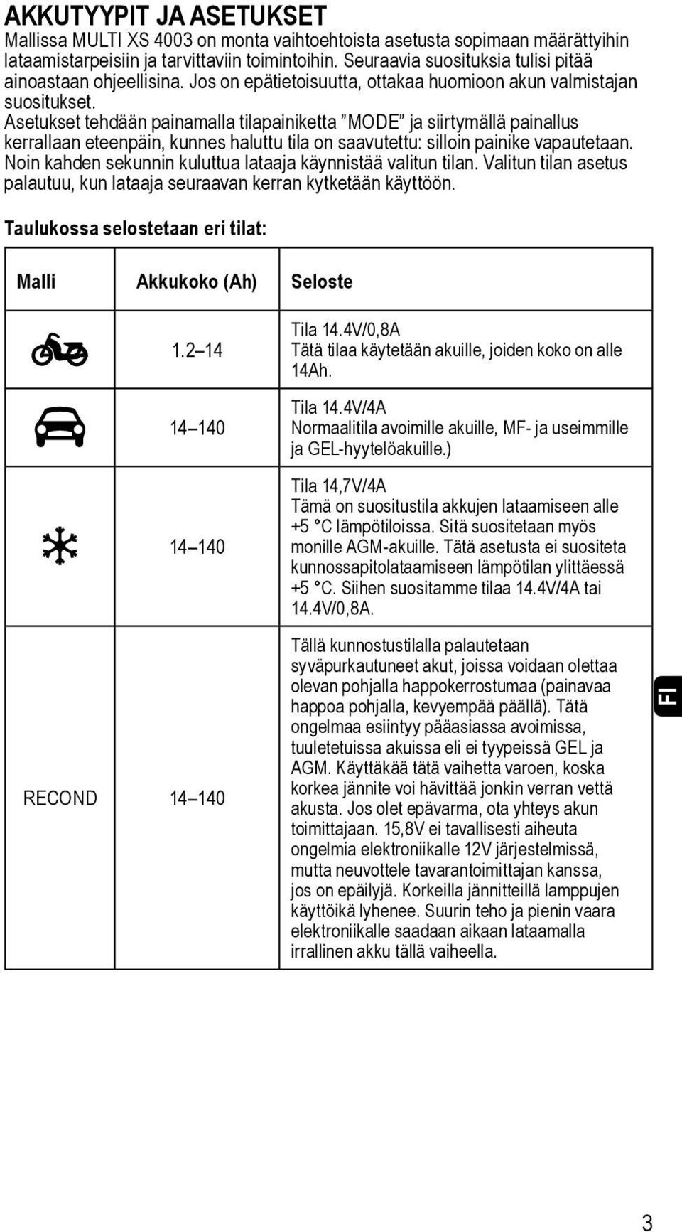 Asetukset tehdään painamalla tilapainiketta MODE ja siirtymällä painallus kerrallaan eteenpäin, kunnes haluttu tila on saavutettu: silloin painike vapautetaan.