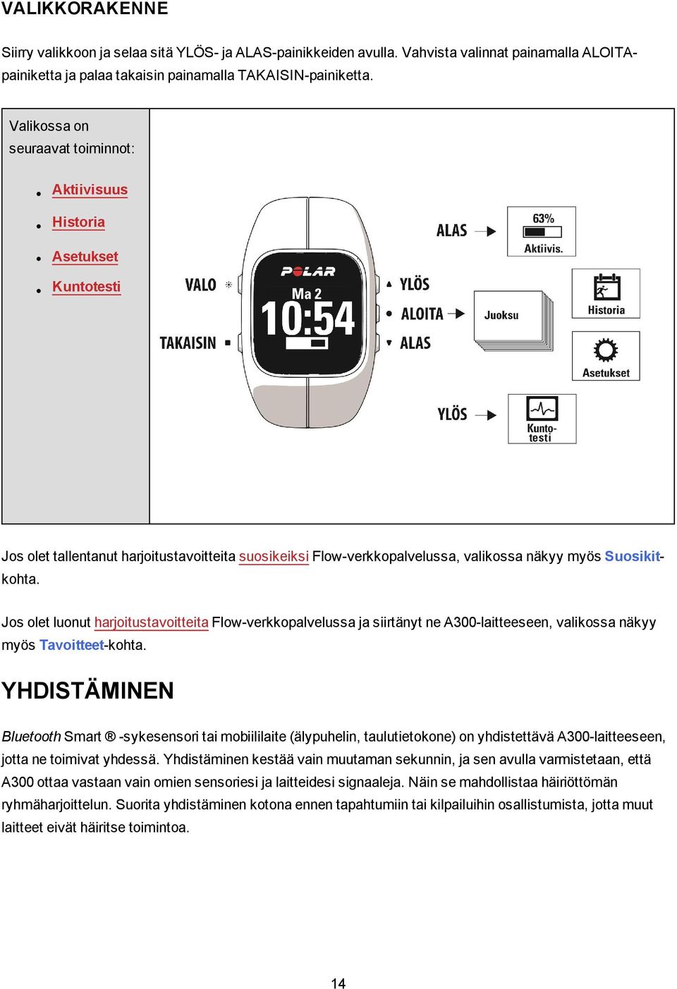 Jos olet luonut harjoitustavoitteita Flow-verkkopalvelussa ja siirtänyt ne A300-laitteeseen, valikossa näkyy myös Tavoitteet-kohta.