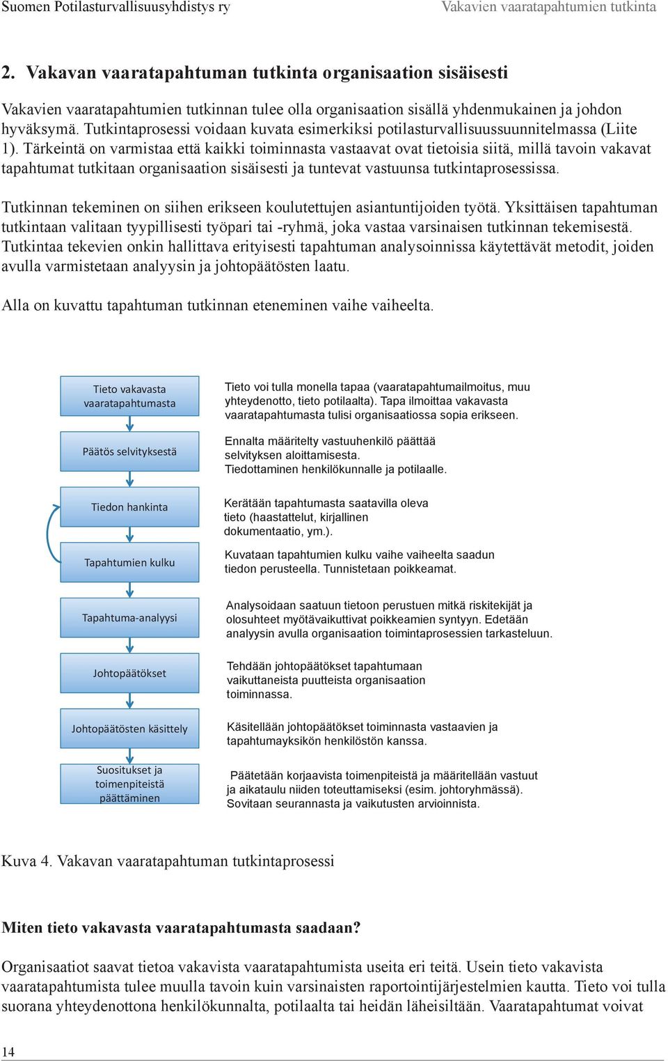 Tärkeintä on varmistaa että kaikki toiminnasta vastaavat ovat tietoisia siitä, millä tavoin vakavat tapahtumat tutkitaan organisaation sisäisesti ja tuntevat vastuunsa tutkintaprosessissa.