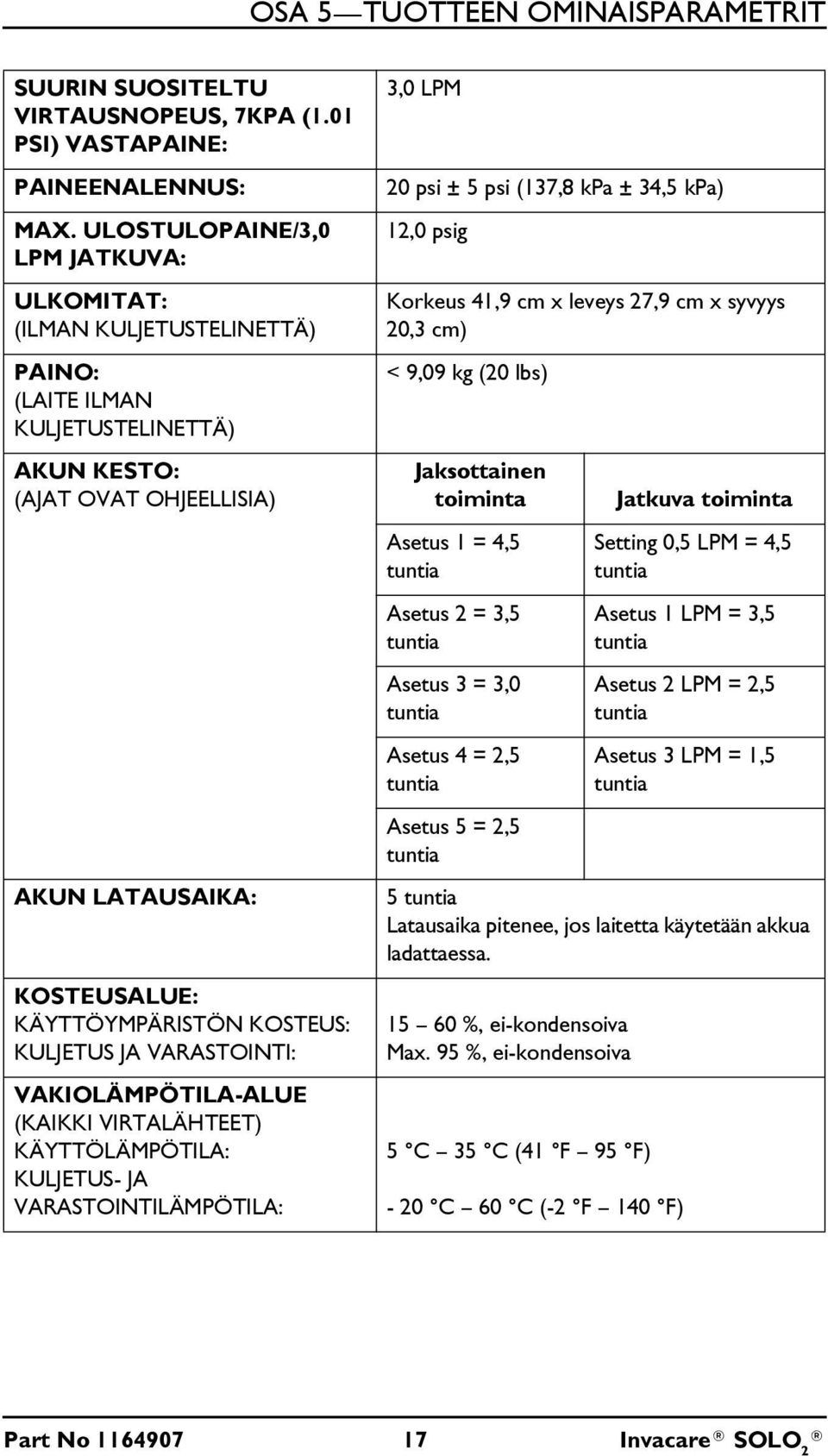 KULJETUS JA VARASTOINTI: VAKIOLÄMPÖTILA-ALUE (KAIKKI VIRTALÄHTEET) KÄYTTÖLÄMPÖTILA: KULJETUS- JA VARASTOINTILÄMPÖTILA: 3,0 LPM 20 psi ± 5 psi (137,8 kpa ± 34,5 kpa) 12,0 psig Korkeus 41,9 cm x leveys