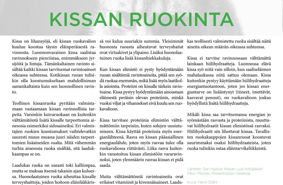 Kotikissan ruoan tulisikin olla koostumukseltaan mahdollisiman samankaltaista kuin sen luonnollinen ravinto. Teollinen kissanruoka pyritään valmistamaan vastaamaan kissan ravinnollisia tarpeita.